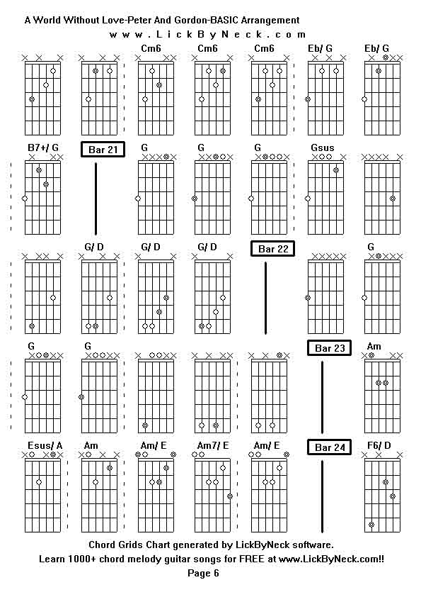 Chord Grids Chart of chord melody fingerstyle guitar song-A World Without Love-Peter And Gordon-BASIC Arrangement,generated by LickByNeck software.